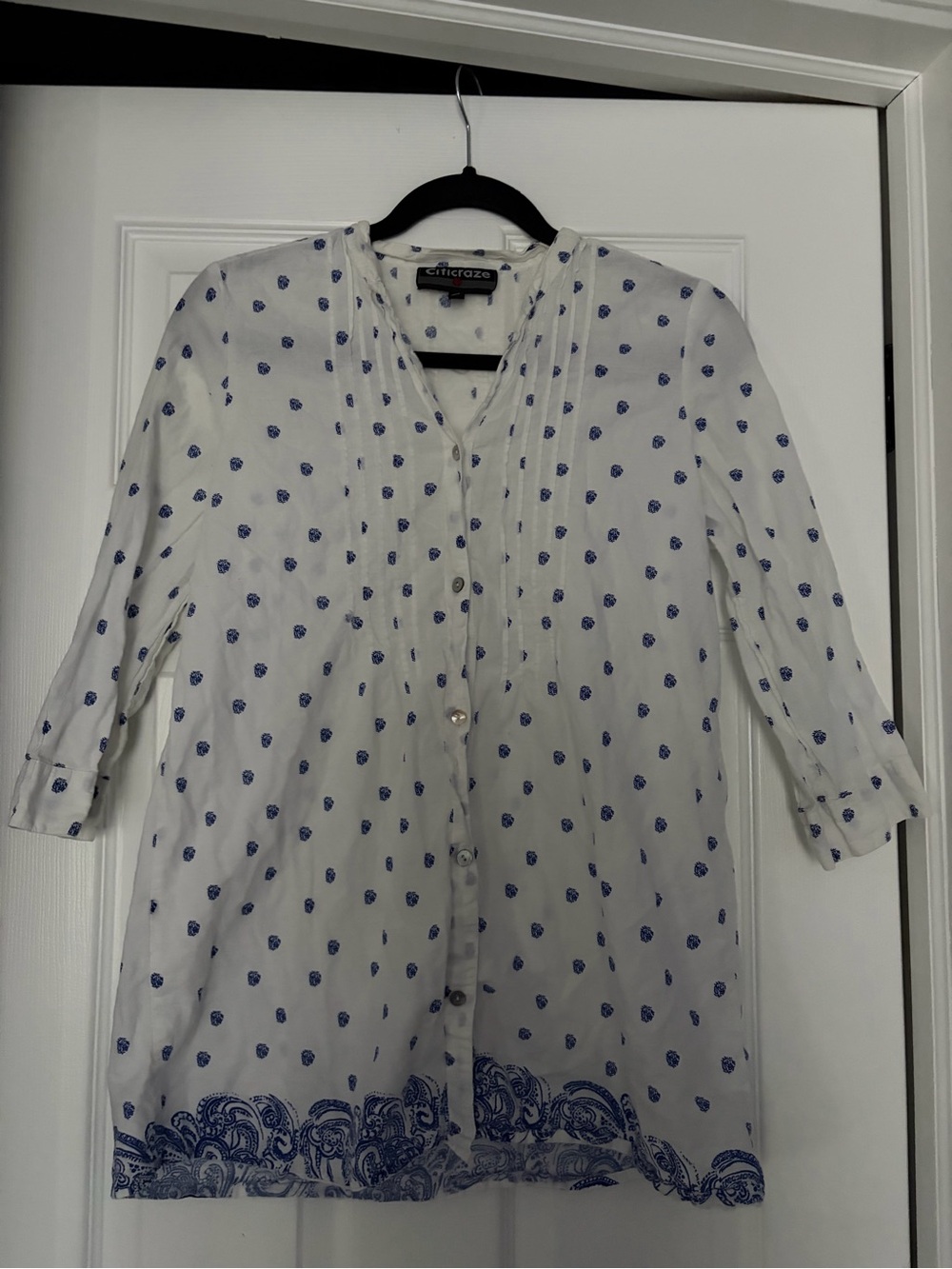 White Blouse with Blue Print